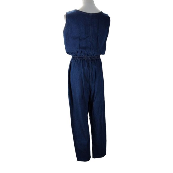 Vintage 90s Blue Utility Jumpsuit Size S/M Denim Sleeveless Pockets Straight Leg - Picture 3 of 10